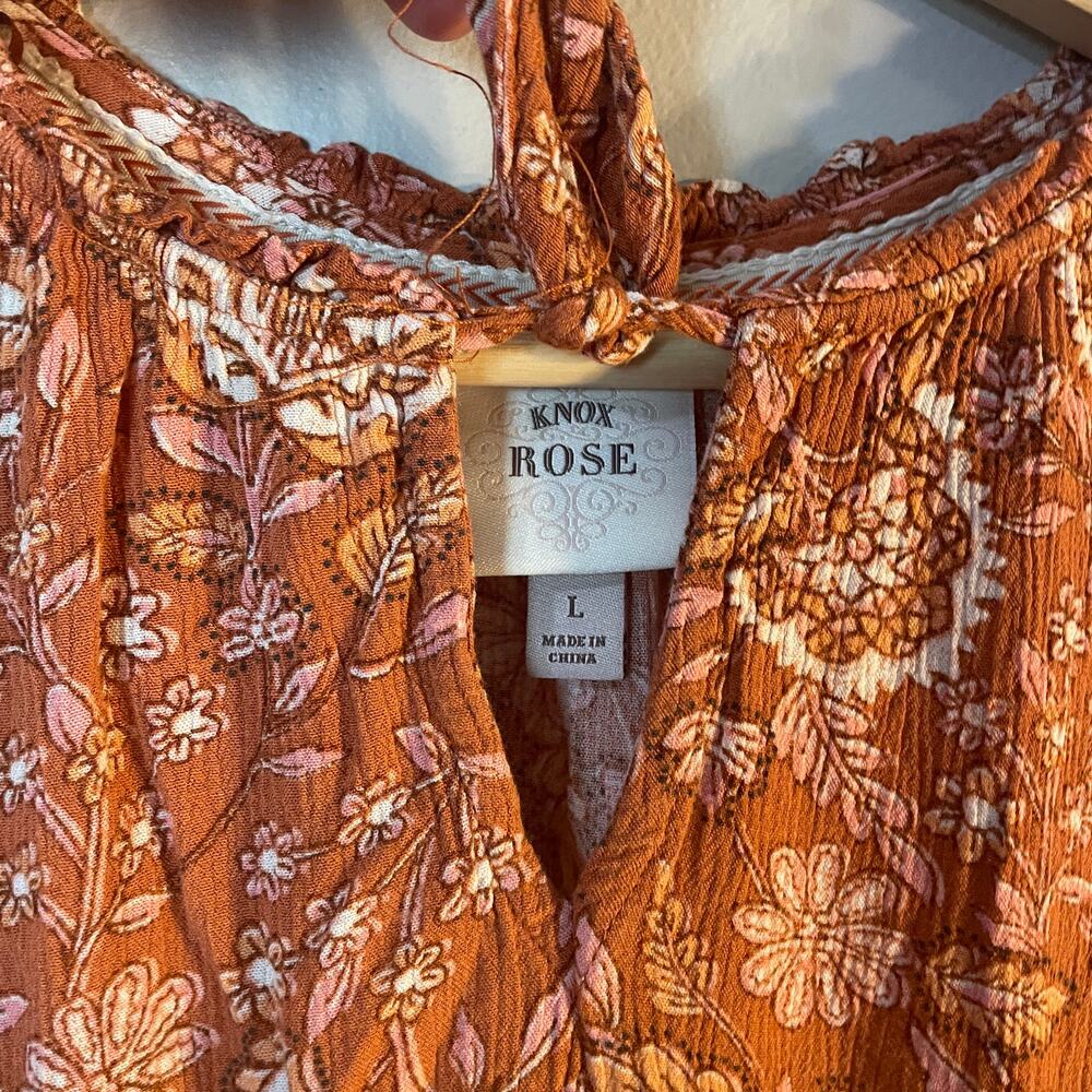 Knox Rose SZ Large Floral Ruffle Short Sleeve Full Length Orange Pink Dress EUC - Picture 6 of 12